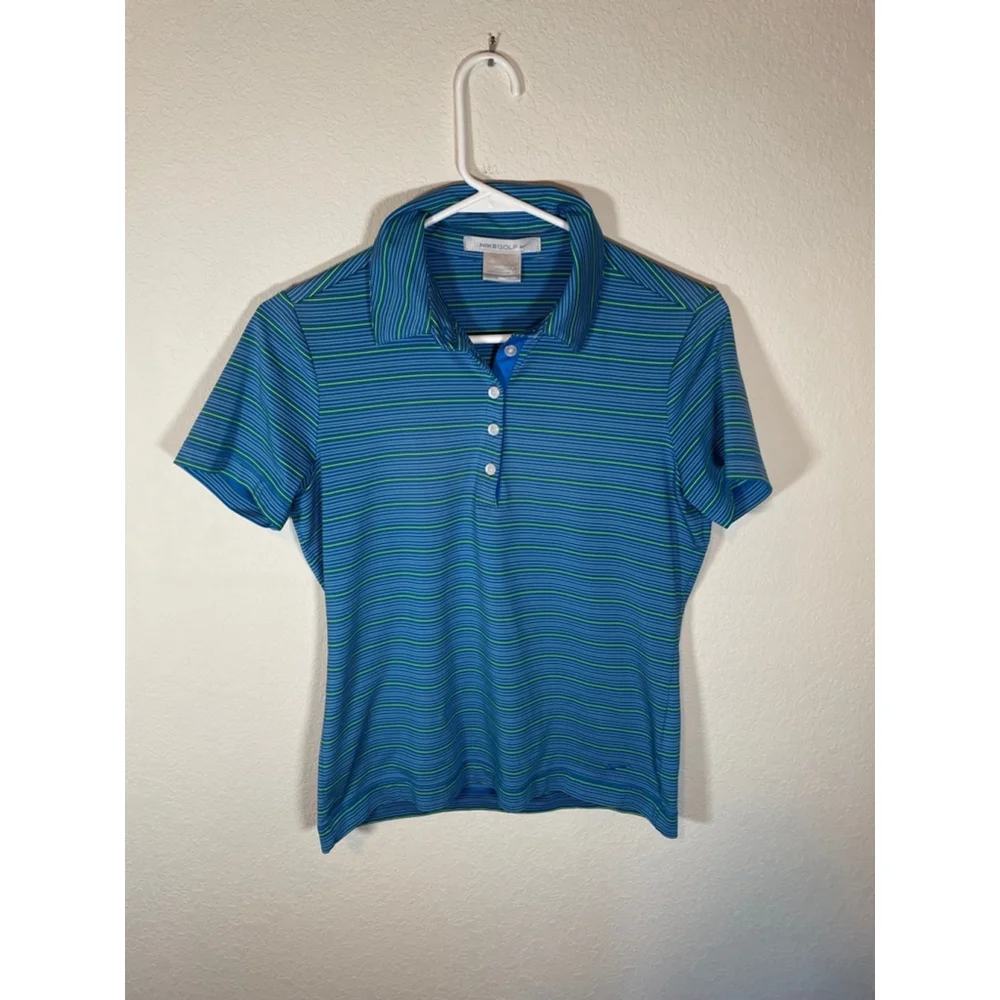 Women’s Nike Golf Polo Collared Shirt Blue & Lime Stripped Size Small